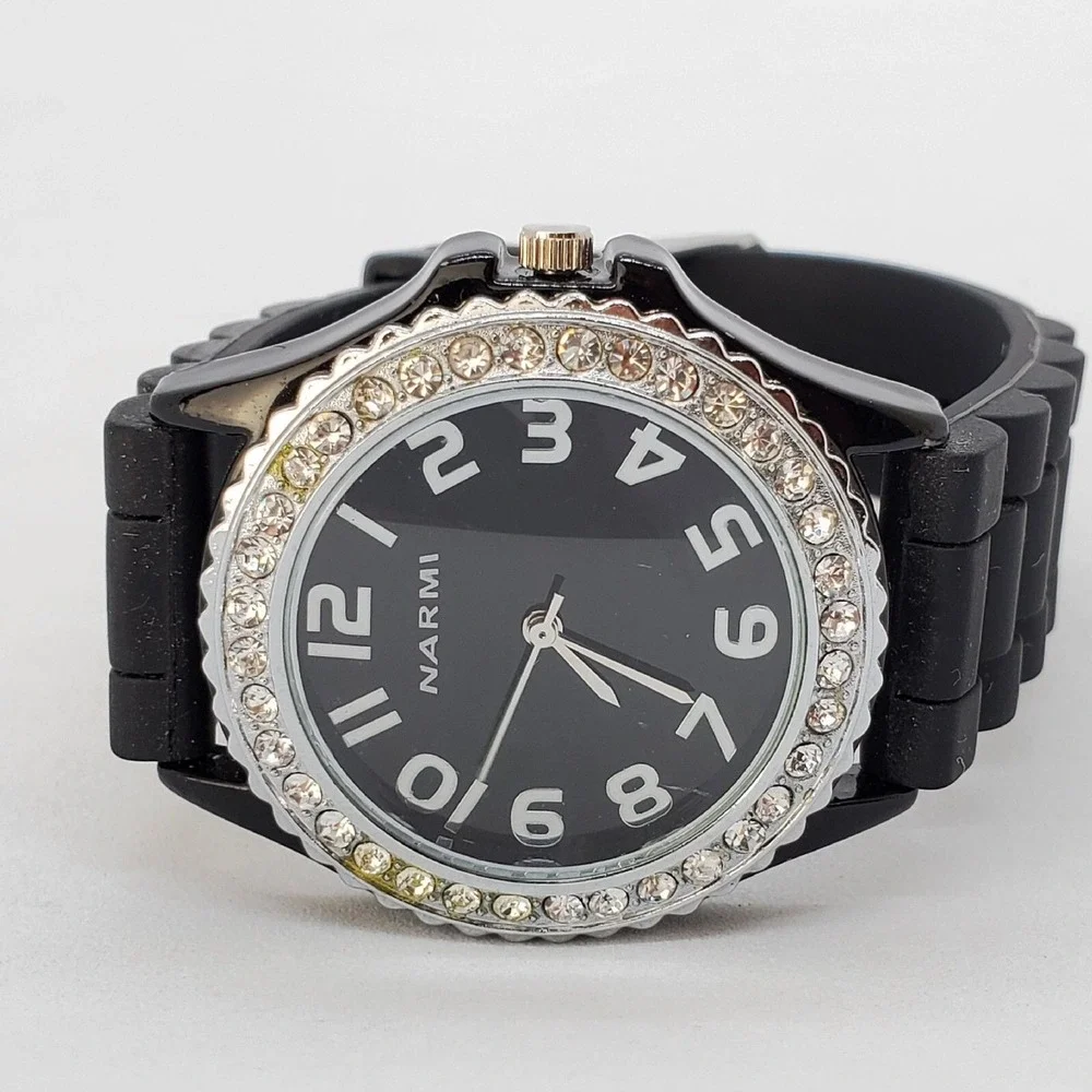 Women's Watch 38MM Black Dial Black Plastic‎ Bands Crystal Bezel New Battery